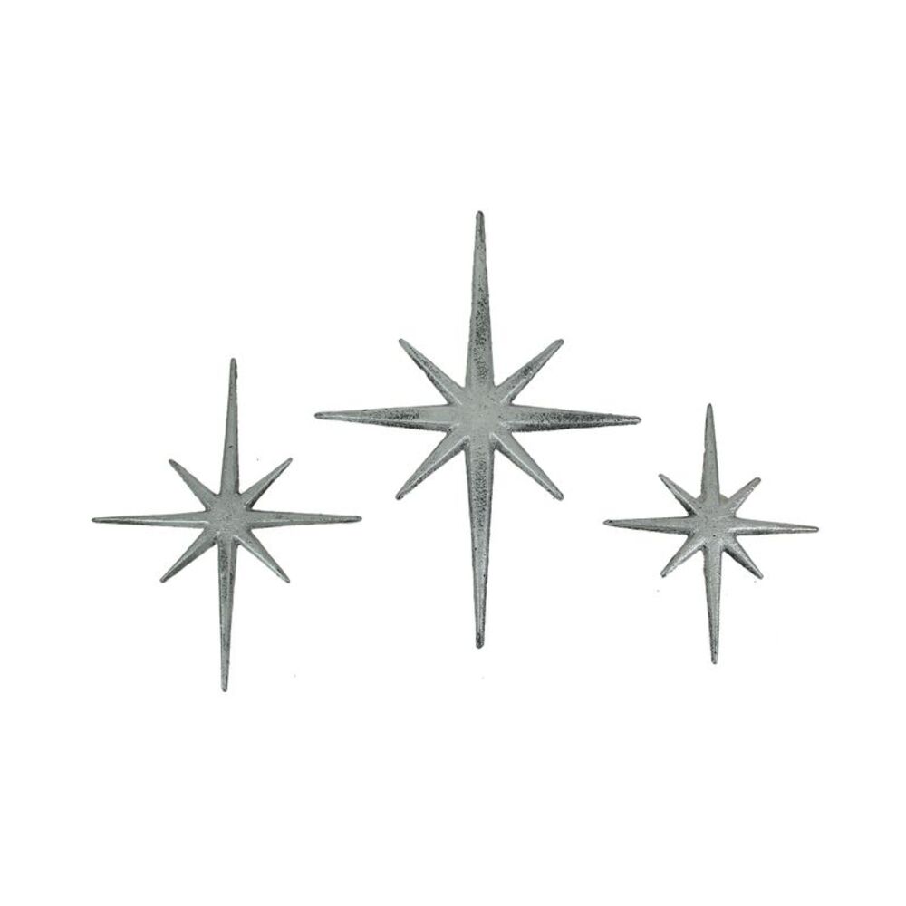 Set of 3 Large Metallic Silver Cast Iron 8 Pointed Star Starburst Wall Hangings